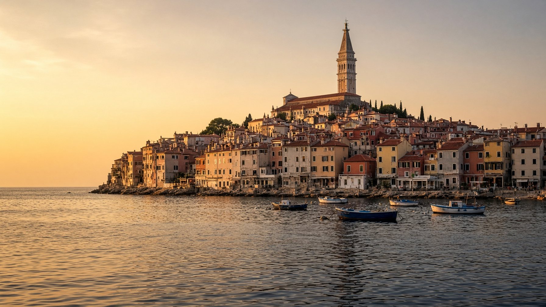 Il centro storico di Rovigno visto dal mare al tramonto, con il campanile di Sant'Eufemia